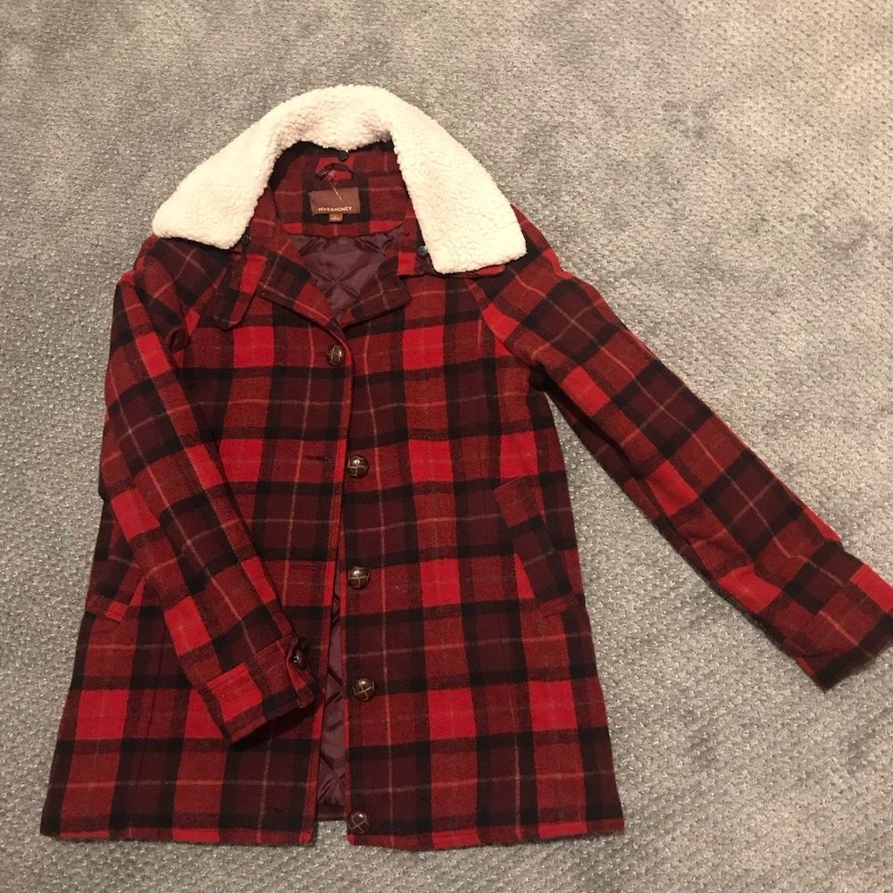 NWOT HIVE & HONEY WOOL FLANNEL JACKET/COAT PERFECT COND-REMOVABLE HOOD SZ S